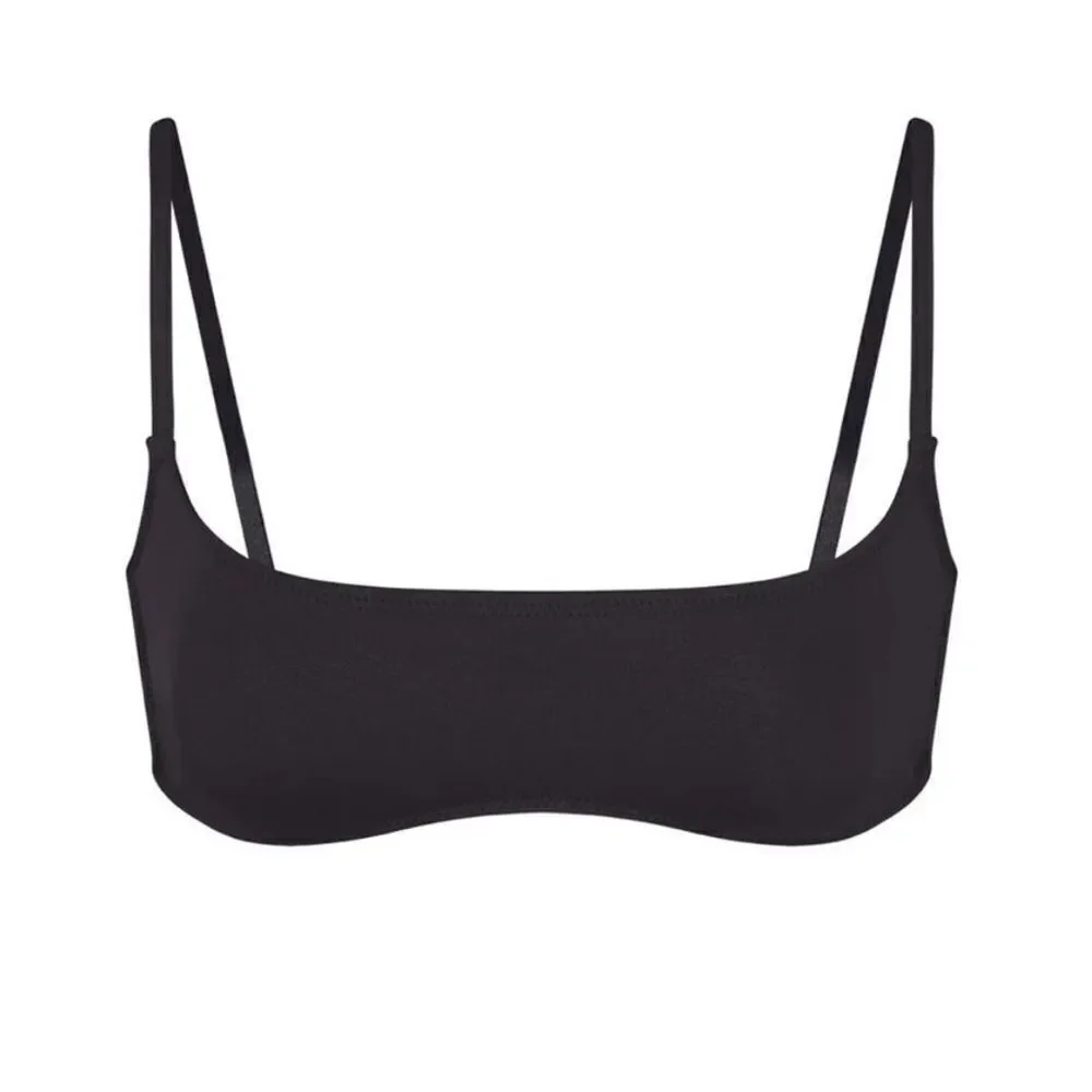 SKIMS NWT Recycled Swim Micro Scoop Bikini Top In Onyx Black Sport Tie Back